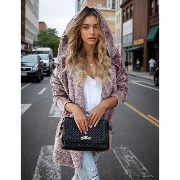 Women Hooded Cardigan Fuzzy Jacket Winter Open Front Fleece Coat Outwear with Po - Picture 4 of 6